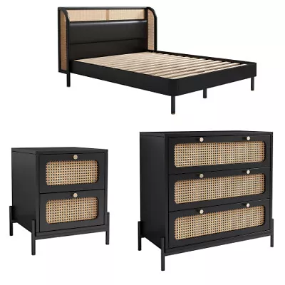 Modern Bedroom Furniture Set Queen Size Platform Bed Frame Nightstand Chest Wood • $399.99