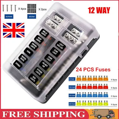 12 Way Blade Fuse Box Block & Auto Marine FuseBox Holder 12V 32V Bus Bar Car Kit • £11.29