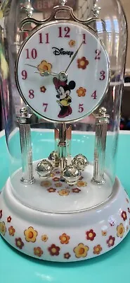Disney Minnie Mouse Porcelain Floral Glass Dome 9” Analog Mantel Clock Spinning • $38