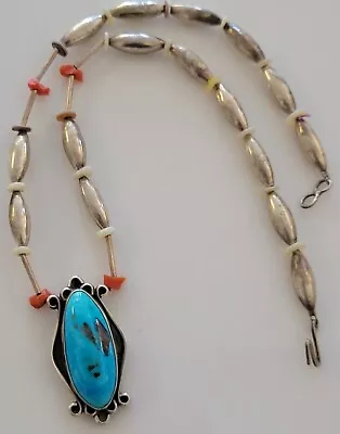 Vintage Old Pawn NAVAJO 17  Choker Sterling Tube Bead & Turquoise Necklace • $1