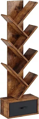 7 Tier Tree BookshelfIndustrial Wood BookcaseVintage Storage RackRustic Brown • $45.99