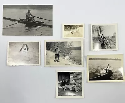 7 Vintage Photo Lot FISHING Fishermen Poles Rods Boats OLD Beagle Dog SNAPSHOTS • $8.99