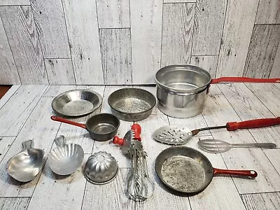 Vintage Aluminum Red Handle Toy Kitchen Pots Pans Utensils 1950s • $15