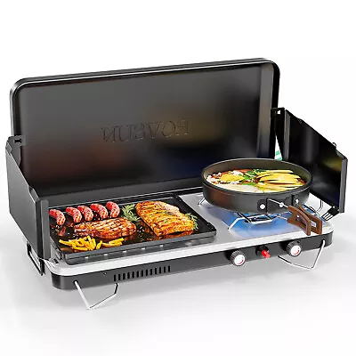 2-in-1 Portable Camping Stove & Propane Grill W/ Enamel Griddle & Piezo Igniter • $89.99