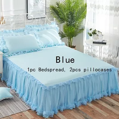 3PCS Bed Throw Set Bedspread Pillowcase With Skirt Lace Ruffle Pillow Cover Home • £59.36