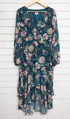 Women's Leona Edmiston Blue/pink Floral Long Sleeve Ruffle Maxi Dress Size 12 • $35