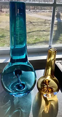 Set Of 2 Krosno Poland Art Glass Vase Thick Peacock Teal Blue 14” And Amber 8” • $99.99