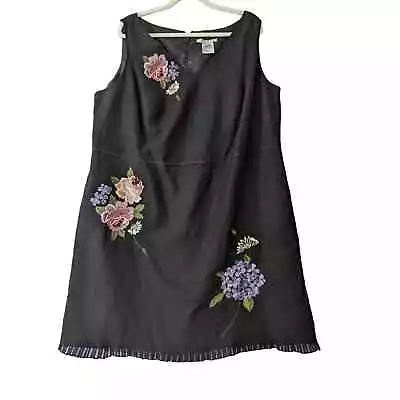 Plaza South Petite Womens Black Embroidered Floral Dress Linen Blend Sz 24WP Vtg • $32