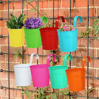 10 Garden Metal Hanging Flower Plant Pots Basket Bucket Planters Fence Balcony • £13.99
