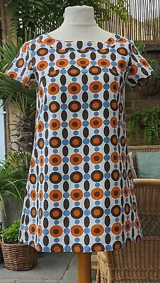 £29 • Buy Urban Behaviour Geometric Print A-Line Dress Size 12 Orange Blue Brown 60s 70s