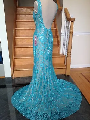  Jovani 21789 Blue Open Back Lace  Formal Prom Pageant Dress Gown 8 • $110.99