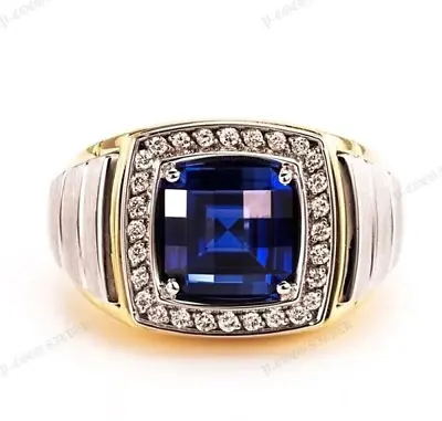Men's 3Ct Cushion Cut Simulated Sapphire  Engagement Ring 925 Silver Gold Plated • $125.99