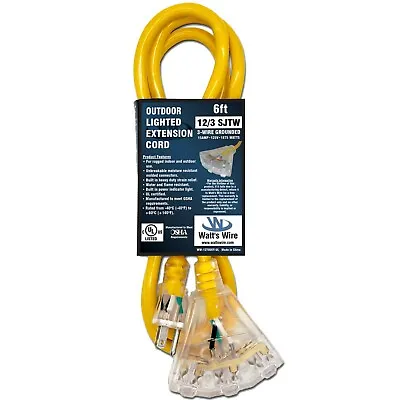 12 Gauge 6ft Heavy Duty Lighted 3 Outlet Extension Cord 6' 12 3 In/Outdoor SJTW • $29.97