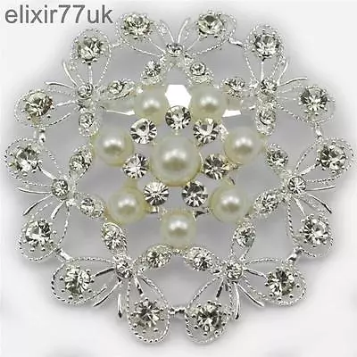 Large Silver Flower Brooch Faux Pearl Diamante Rhinestone Crystal Bridal Broach • £5.69