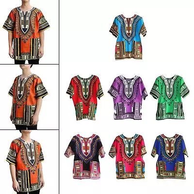 Unisex African Dashiki Shirt Colorful Floral Print Cotton Linen Blend • £13.60