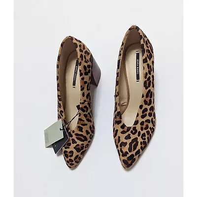 Zara Basic Leopard Print Calf Hair Chunky Block Mid Closed Toe Heels Size 5 US • $99.99
