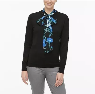 J.Crew Womens Pullover Sweater Small Black Crew Neck Pussy Bow Scarf Long Sleeve • $14.41
