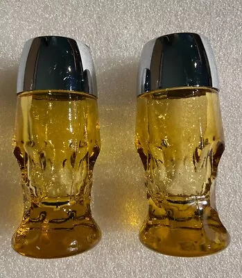 Vintage Anchor Hocking Georgian Amber Glass Salt & Pepper Shakers 4” Metal Tops • $8