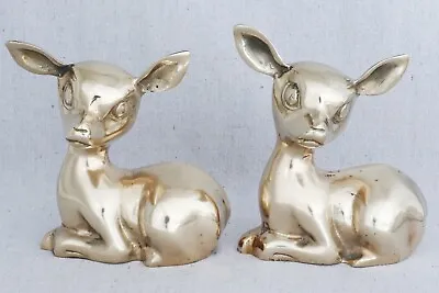 Vtg Laying Sitting Bambi Fawn Doe Deer Brass Bookends Doorstops Statue Figurines • £42.74