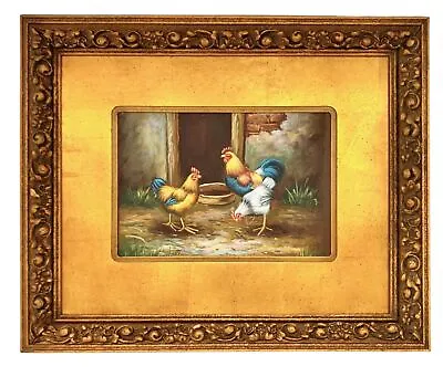 Chicken Painting Rooster And Hens Oil Painting On Canvas In Vintage Golden Frame • $345