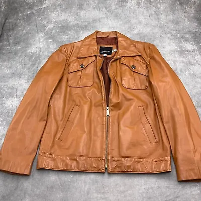 JCPenney Jacket Men 44L Natural Brown Leather Lined Zip Moto Retro Rock 80s VTG • $45.97
