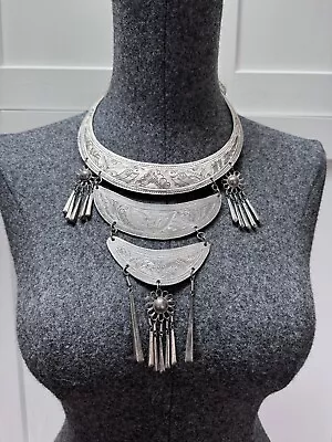 Vintage Hmong Miao Silver Plate Necklace Bib Choker  • $120