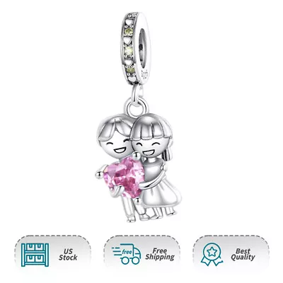 S925 Loved Couples Pink Heart Dangle Charm Women Bracelet Necklace Pendant • $17.98