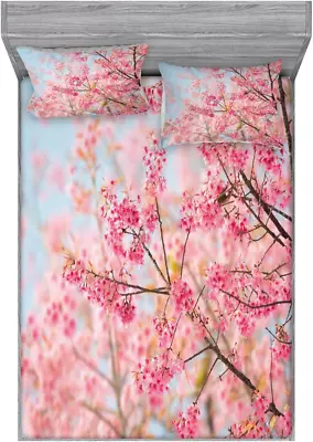 Floral Fitted Sheet & Pillow Sham Set Japanese Sakura Cherry Blossom Branches F • $94.69