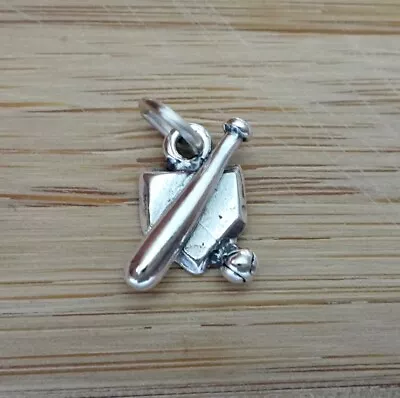 Sterling Silver 3D 10x13mm Baseball Softball Bat Ball Base Charm! • $18.04