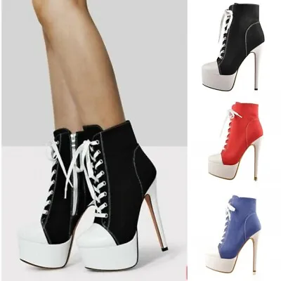 $73.09 • Buy Women High Heels Party Canvas Sneakers Lace Up Patchwork Platform Ankle Boots