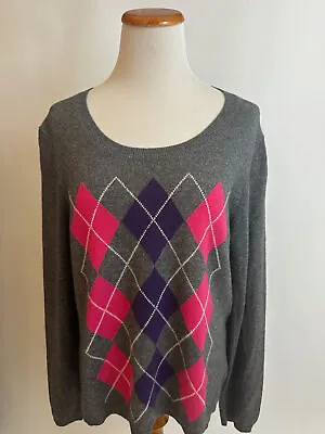 CHARTER CLUB Gray Argyle 100% Cashmere Scoop Neck Sweater L • $20