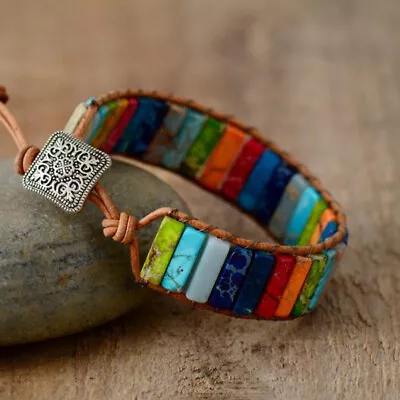 Chakra Bracelet Women Handmade Natural Stone Tube Beads Leather Wrap Bracelet • $4.38