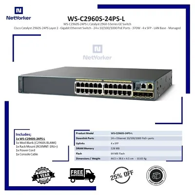 Cisco WS-C2960S-24PS-L 24 Port PoE+ Gigabit Switch - Same Day Shipping • $115