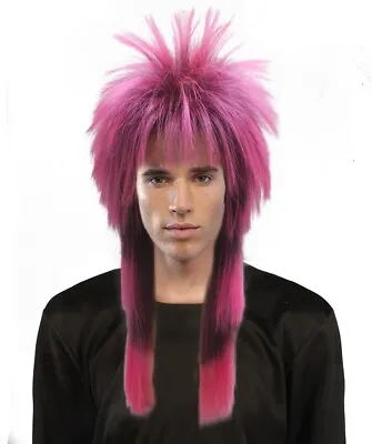 Adult Hot Pink/Black 80s Rocker Mullet Wig Hesher Halloween Costume Accessory • $11.96