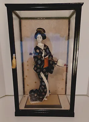 Vintage Japanese Large Geisha Doll W/Shamisen In Glass Case 17.5 In.  • $154.98