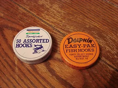 Vintage 2 VINTAGE METAL FISHING TINS WITH  HOOKS SHAKESPEAR & DOLPHIN • $12.95