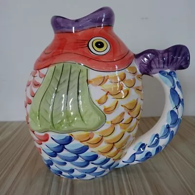 Vintage Water Pitcher Chinese Multicolor Majolica Koi FishTail Handle Wide Mouth • $35