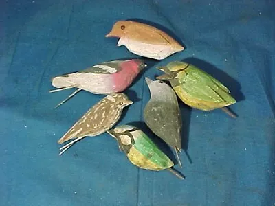 6 Vintage FOLK ART Hand CARVED + PAINTED Wood BIRD FIGURES 3   • $9.95