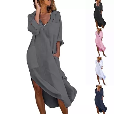 Plus Size Womens Loose Fit Cotton Linen Shirt Dress Maxi Kaftan Dark Gray • $49.03