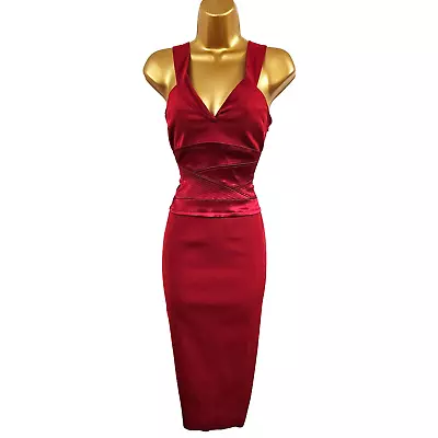 UK 12 KAREN MILLEN Vintage Red Tuxedo Oriental Corset Pencil Dress • £94.99