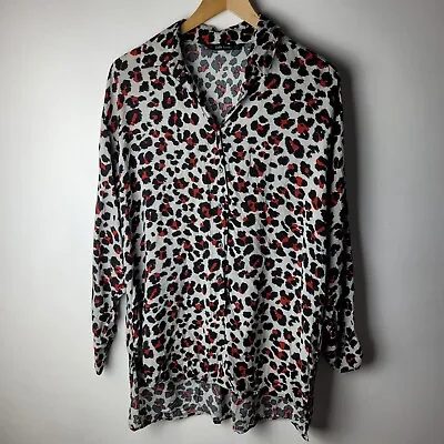 Zara Women Size S Black Red Leopard Print Long Line Shirt Blouse Casual Smart • £8