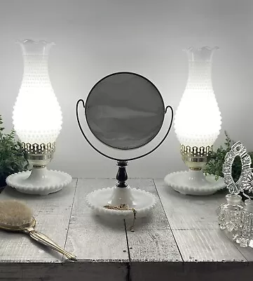 Vintage VANITY SET Hobnail MILK GLASS Two Hurricane LAMPS And Table MIRROR • $149.99