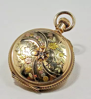 Gorgeous 14k Gold 0 Size Multi Color Diamond Waltham Hunter Case Pocket Watch. • $965