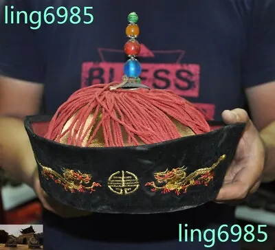 17.6  China Silk Gem Qing Dynasty Goverment Official Hat Dragon Embroidery Crown • $153