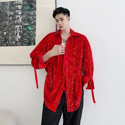 Mens Sequin Long Sleeve Loose Shirt Button Down Straps Tops Costume Glitter Red • $51.59