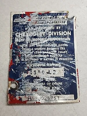 1953 Chevrolet Chevy Oem Truck Data Plate Serial Number Id Tag Vin • $185