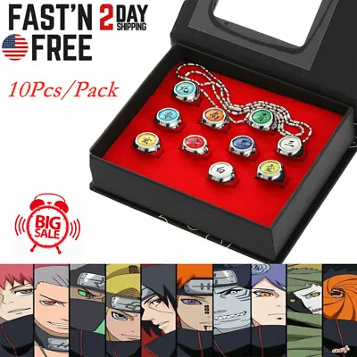 $11.99 • Buy 10 Pcs Naruto Rings Set NARUTO Akatsuki Member's Cosplay Ring & Chain In Box