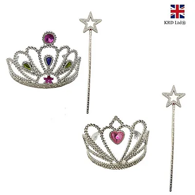 Tiara & Wand Set Kids Girls Princess Crown Magic Wand Fancy Dress Accessory UK • £7.03