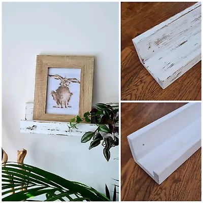 £0.99 • Buy White Washed Wooden Photo Shelf, Floating Slim Shallow Picture Shelves, Handmade