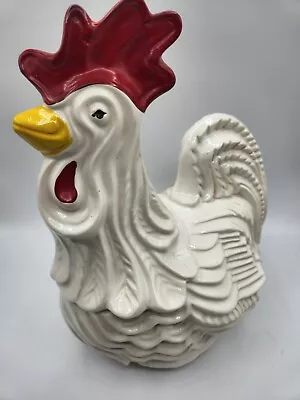 Vintage McCoy Rooster Chicken Ceramic Cookie Jar White W Red Crest Yellow Beak • $38.75